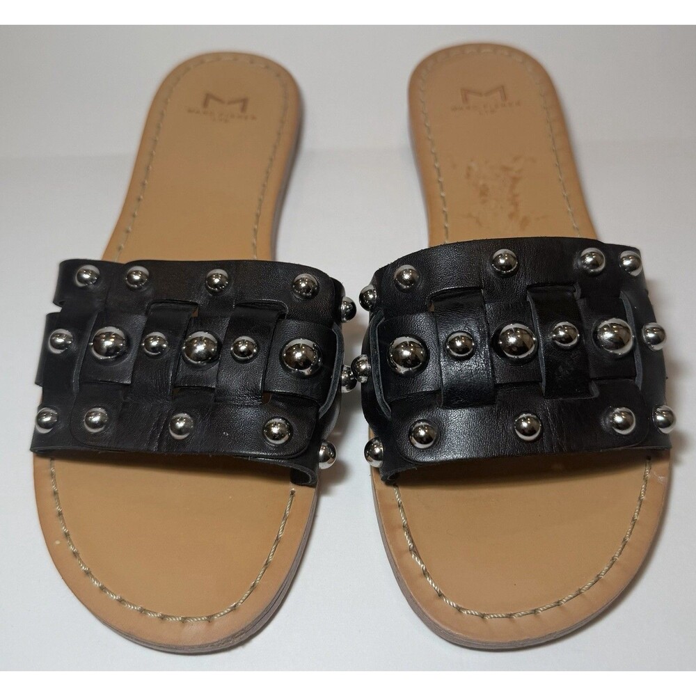 Marc Fisher LTD Pacca Sandals Women’s 7M Black Leather Studded Woven Slides